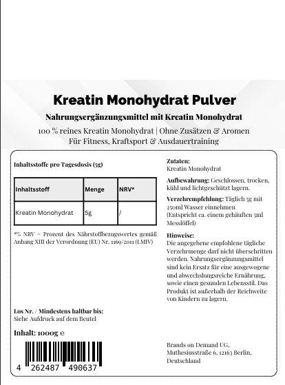 100 % Reines Kreatin Monohydrat – 1000 g | Laborgeprüft &amp; Vegan